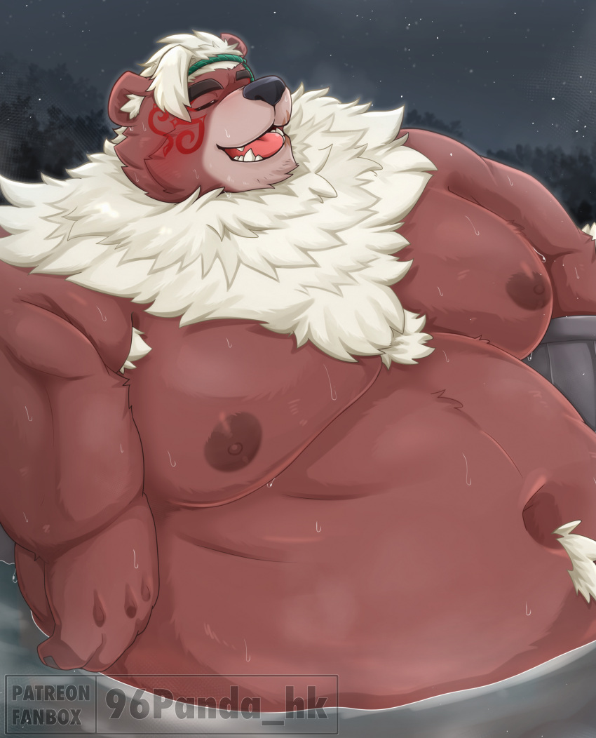 2023 96panda absurd_res anthro bathing bear belly big_belly eyes_closed hi_res kemono kimun_kamui_(tas) lifewonders male mammal moobs navel night nipples outside overweight overweight_male sitting solo star tokyo_afterschool_summoners water