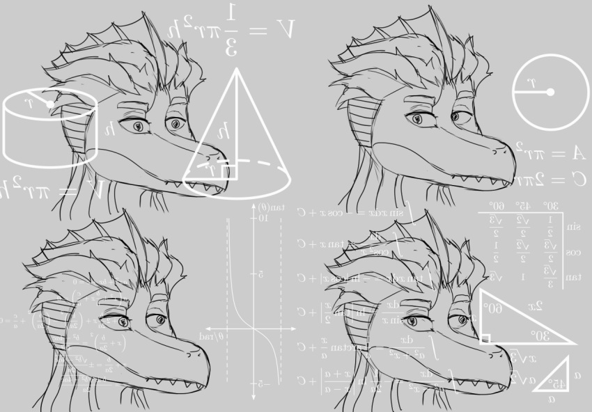 anthro calculus damien_(iwhtg) derp_eyes dilophosaurid dilophosaurus dinosaur female frill_(anatomy) hair hi-top_fade hybrid i_wani_hug_that_gator math membrane_(anatomy) membranous_frill monochrome neck_frill prometheuzone reptile scalie sequence sharp_teeth simple_background snout solo spinosaurid spinosaurus teeth theropod