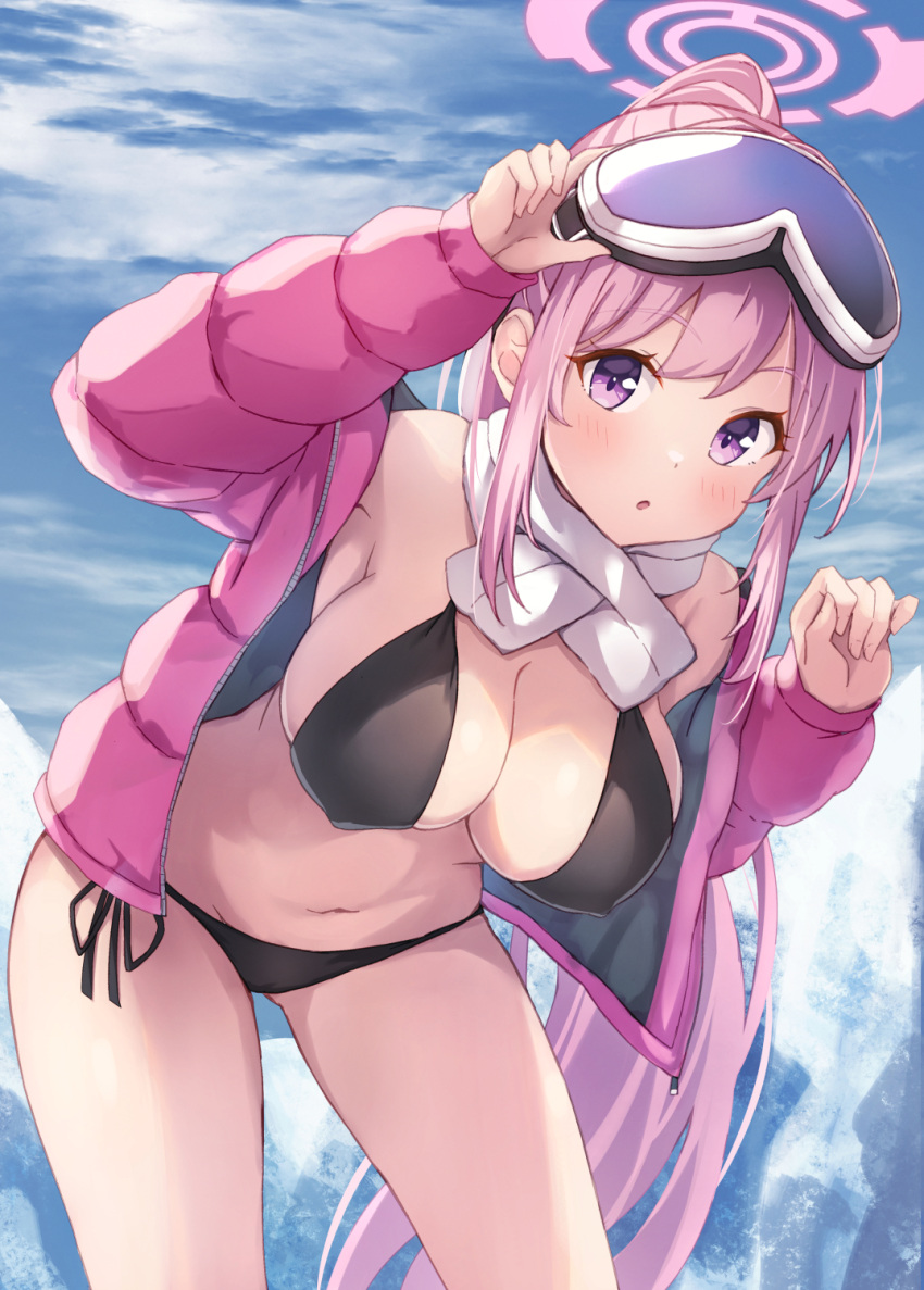 1girl bikini black_bikini blue_archive blush breasts cleavage covered_nipples day eimi_(blue_archive) eimi_(swimsuit)_(blue_archive) goggles goggles_on_head halo highres jacket large_breasts long_hair long_sleeves matsu520 navel official_alternate_costume open_clothes open_jacket outdoors parted_lips pink_eyes pink_hair pink_halo pink_jacket ponytail solo swimsuit