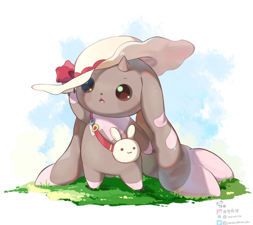 arm_up chestnut_mouth digimon digimon_(creature) fang floppy_ears hat highres horns legs_apart lopmon open_mouth solo standing sun_hat twitter_username white_headwear youzaiyouzai112