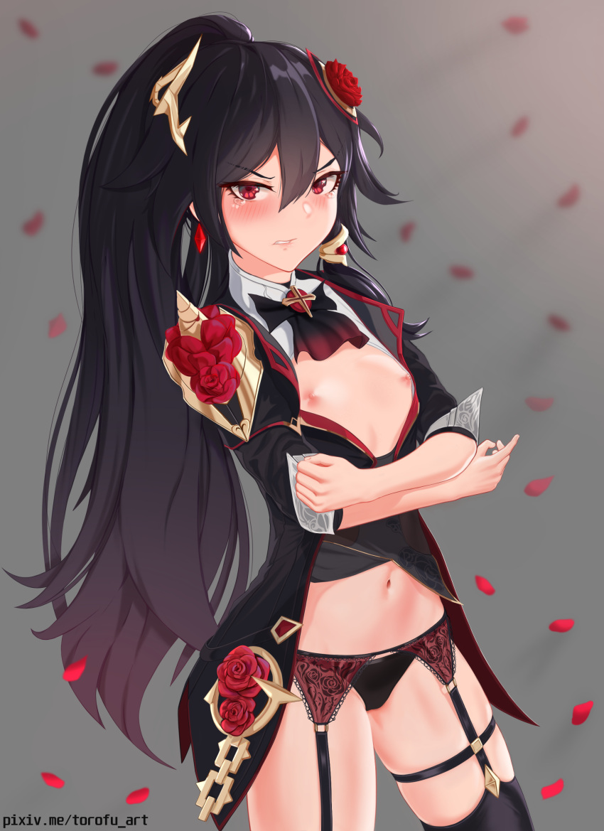 1girl absurdres alternate_costume belly black_hair black_panties black_thighhighs blush breasts clenched_hands closed_mouth dress flower fu_hua fu_hua_(blood_voivode) fu_hua_(shadow_knight) garter_straps hair_between_eyes hair_flower hair_ornament high_ponytail highres honkai_(series) honkai_impact_3rd long_hair long_sleeves looking_at_viewer navel nipples official_alternate_costume panties ponytail red_eyes red_flower rose small_breasts solo thighhighs thighs torofu underwear vampire watermark web_address