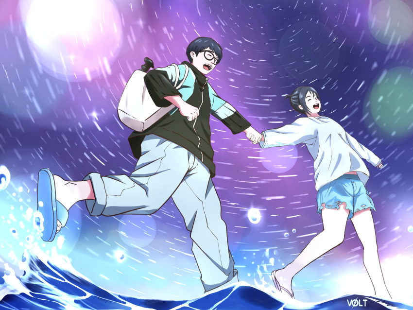 1boy 1girl bag beach black_hair camera closed_eyes couple highres holding_hands kimi_wa_houkago_insomnia magari_isaki nakami_ganta sandals shorts shoulder_bag sky star_(sky) starry_sky voltstorm