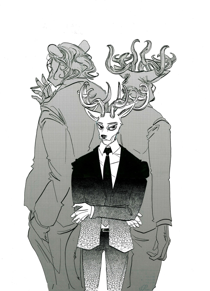 3boys animal_ears antlers beastars cigarette claws commentary_request crossed_arms deer_antlers deer_boy deer_ears from_behind furry furry_male glasses greyscale halftone_texture highres holding holding_cigarette ibuki_(beastars) itagaki_paru lion_boy lion_ears lion_mane lion_tail looking_at_viewer louis_(beastars) male_focus monochrome multiple_boys oguma_(beastars) smoking tail white_background
