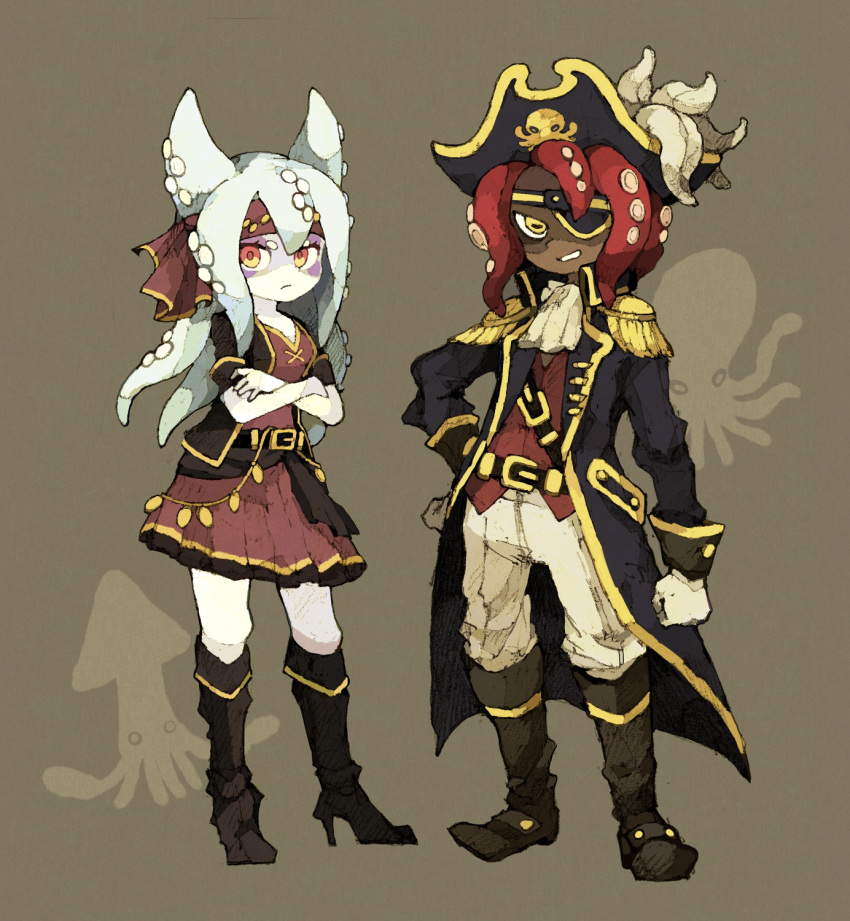 1boy 1girl ascot belt black_coat black_footwear boots brown_bandana coat crossed_arms dress epaulettes hat high_heel_boots high_heels highres horizontal_pupils maniani octopus_boy orange_eyes original pants pirate pirate_hat red_hair red_shirt shirt short_sleeves squid_girl tentacle_hair white_ascot white_hair white_pants yellow_eyes yellow_trim