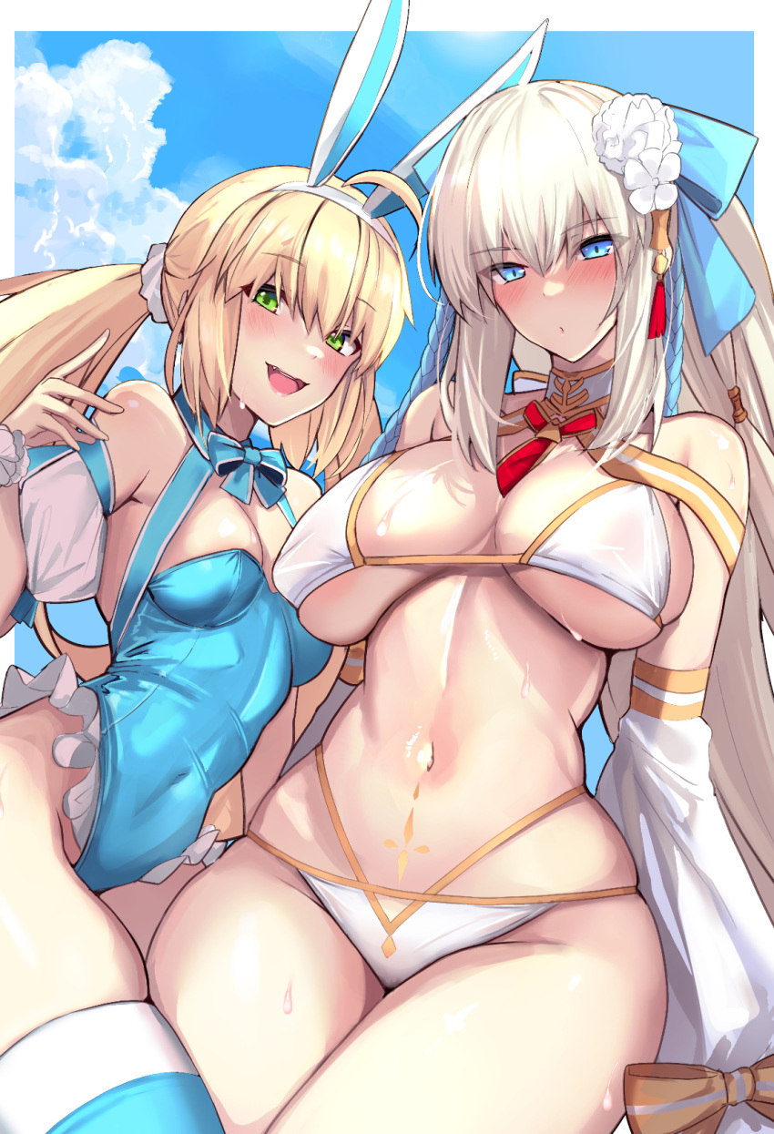 2girls :d animal_ears aqua_one-piece_swimsuit areola_slip artoria_caster_(fate) artoria_pendragon_(fate) bikini blonde_hair blush breasts commentary_request day fake_animal_ears fate/grand_order fate_(series) green_eyes hair_ornament highres large_breasts leotard long_hair looking_at_viewer morgan_le_fay_(water_princess)_(fate) multiple_girls navel one-piece_swimsuit open_mouth outdoors rabbit_ears smile stomach swimsuit thighs twintails underboob untue white_bikini white_hair