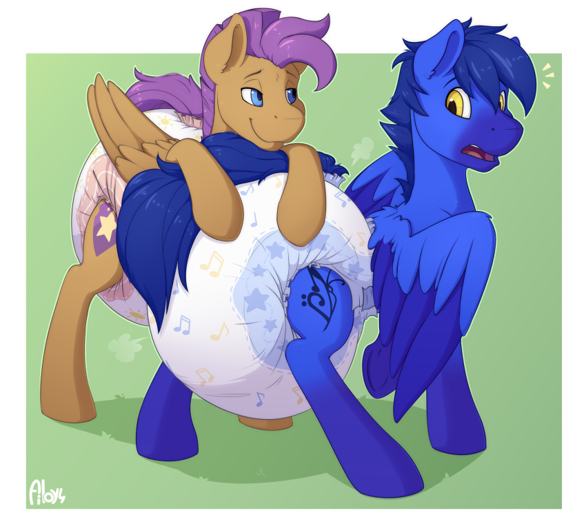 absurd_res ailoy4 amber_eyes big_diaper blue_body blue_eyes blue_fur blue_hair blue_tail bulwark_(ailoy5) cutie_mark diaper duo equid equine fan_character fur hair hasbro hi_res leg_markings male mammal markings musical_note my_little_pony pegasus poofy_diaper purple_hair purple_tail skaj smile socks_(marking) tail two_tone_wings wings