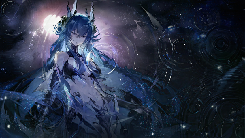 1girl absurdres adhesive_bra black_bra black_gloves blue_hair bra breasts bridgeless_bra crossed_bangs elbow_gloves fins gloves head_fins highres lamia_(punishing:_gray_raven) linea_alba long_hair looking_down medium_breasts navel nebula official_art punishing:_gray_raven purple_eyes ripples shell_hair_ornament solo star_(symbol) stomach sun underwear upper_body very_long_hair yanderenasa