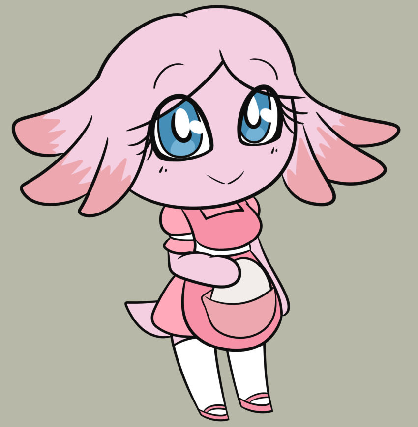 2020 :&gt; anthro anthrofied big_eyes blue_eyes chansey chibi closed_smile clothed clothing digital_media_(artwork) egg eye_through_hair eyebrow_through_hair eyebrows eyelashes female generation_1_pokemon grey_background hair hi_res looking_at_viewer mammal mouth_closed mythrica nintendo noseless pink_body pink_hair pink_pseudo_hair pokemon pokemon_(species) pokemorph pseudo_hair simple_background smile solo standing tail tan_background translucent translucent_hair