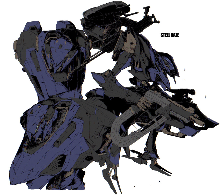 absurdres armored_core armored_core_6 character_name dual_wielding full_body green_eyes gun highres holding holding_gun holding_weapon mecha mecha_focus missile_pod mznomono no_humans reverse-jointed_legs robot science_fiction simple_background standing steel_haze weapon weapon_on_back white_background