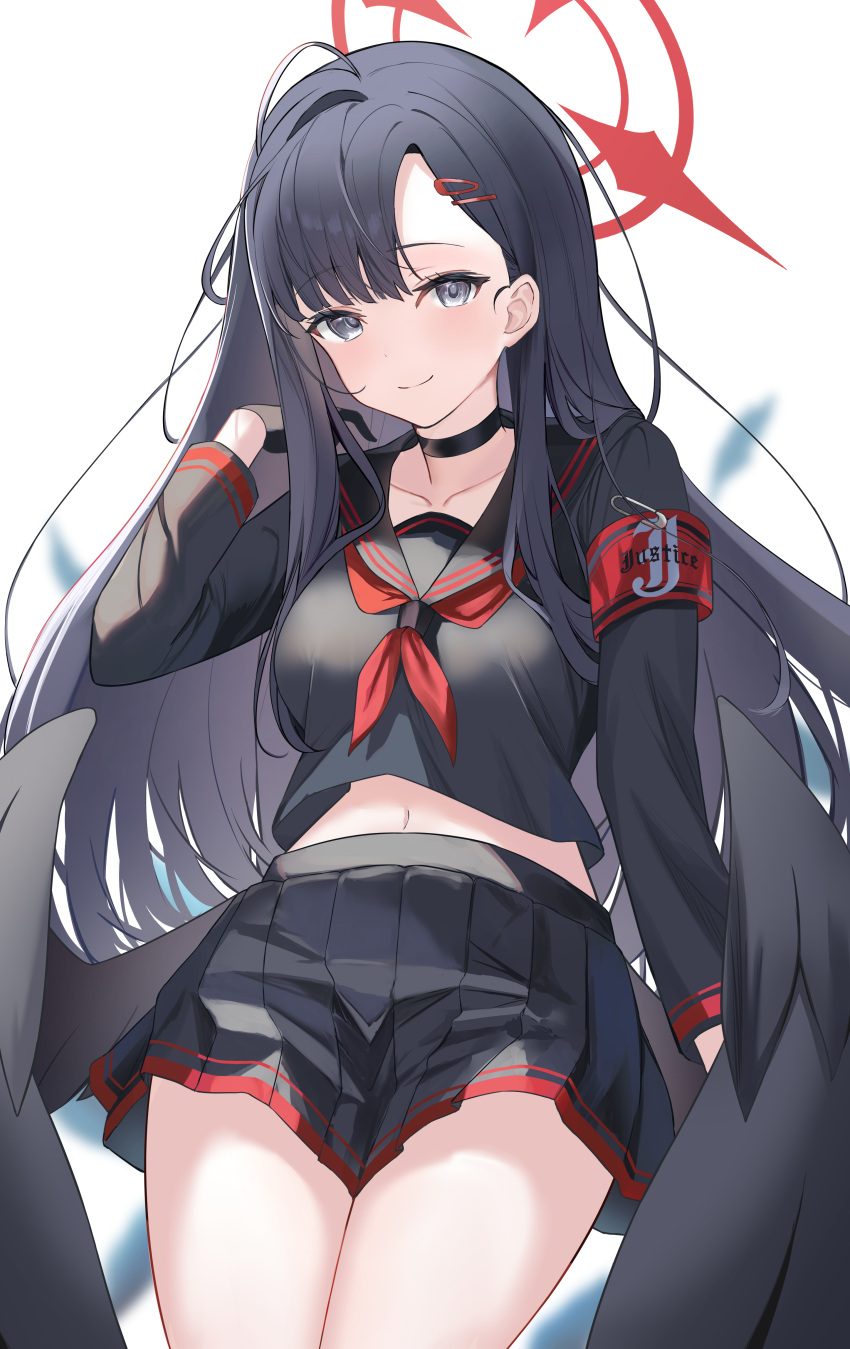 1girl absurdres ahoge black_choker black_hair black_sailor_collar black_serafuku black_skirt black_wings blue_archive blush breasts choker closed_mouth cowboy_shot feathered_wings grey_eyes hair_ornament hairclip halo highres ichika_(blue_archive) long_hair long_sleeves looking_at_viewer low_wings medium_breasts neckerchief pleated_skirt red_halo red_neckerchief sailor_collar school_uniform serafuku skirt smile solo sora01o wings