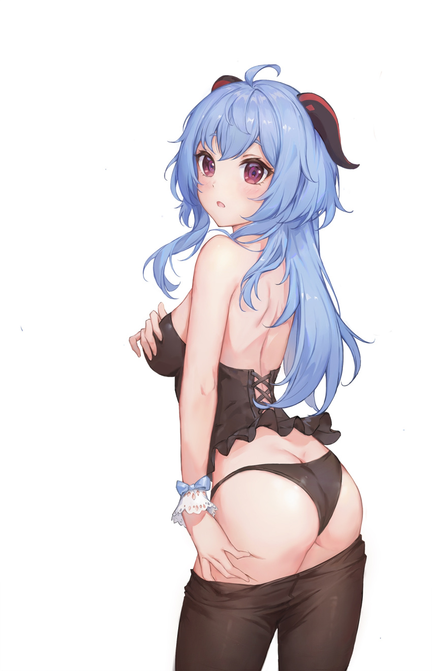 1girl ahoge ass back backless_outfit bare_shoulders black_panties black_pantyhose blue_hair blush breasts clothes_pull covering_breasts covering_privates from_behind ganyu_(genshin_impact) genshin_impact highres horns long_hair looking_at_viewer looking_back medium_breasts mkice open_mouth panties pantyhose pantyhose_pull purple_eyes sidelocks solo standing underwear white_background