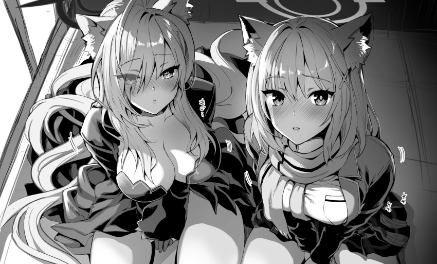 2girls ahoge animal_ear_fluff animal_ears blue_archive blush breasts cleavage closed_mouth commentary_request cross_hair_ornament dress hair_ornament hair_over_one_eye halo highres indoors jacket kojima_saya large_breasts long_hair long_sleeves looking_at_viewer mismatched_pupils monochrome multiple_girls nose_blush open_clothes paid_reward_available parted_lips scarf school_uniform shiroko_(blue_archive) shiroko_terror_(blue_archive) shirt sitting sweat very_long_hair wolf_ears