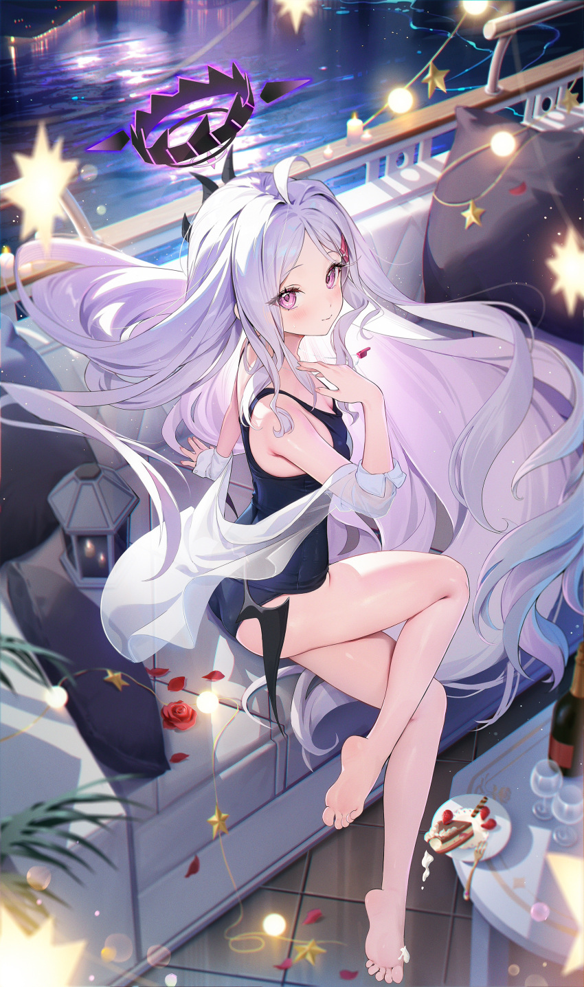 1girl absurdres bare_shoulders barefoot blue_archive blue_one-piece_swimsuit blush breasts demon_wings forehead halo highres hina_(blue_archive) hina_(swimsuit)_(blue_archive) horns houkisei long_hair looking_at_viewer multiple_horns old_school_swimsuit one-piece_swimsuit parted_bangs purple_eyes revision school_swimsuit small_breasts solo swimsuit white_hair wings