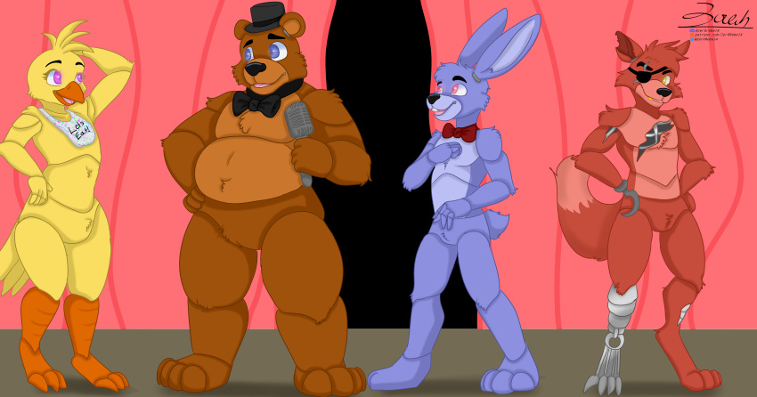 2023 absurd_res animatronic anthro avian avian_feet bear bib bird blue_eyes bonnie_(fnaf) bow_tie brown_body brown_fur canid canine chest_tuft chica_(fnaf) chicken chubby_male clothing countershading digitigrade discord_(app) eye_patch eyewear feathers featureless_chest featureless_crotch female five_nights_at_freddy's fox foxy_(fnaf) freddy_(fnaf) fur galliform gallus_(genus) gold_(metal) gold_tooth group hat headgear headwear hi_res hook hook_hand lagomorph leporid machine male mammal markings open_mouth patreon paws phasianid pink_eyes plantigrade purple_body purple_eyes purple_fur rabbit raised_tail red_body red_fur robot robotic_leg scottgames smile stylized tail tan_body tan_fur tan_markings telegram text top_hat tuft url yellow_body yellow_eyes yellow_feathers zer0rebel4