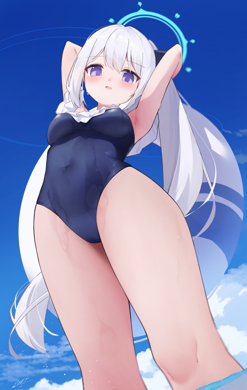 1girl absurdres armpits arms_up blue_archive blue_halo blue_one-piece_swimsuit blue_sky blush breasts cloud cloudy_sky commentary covered_navel day feet_out_of_frame frilled_one-piece_swimsuit frills halo highres light_smile long_hair looking_at_viewer miyako_(blue_archive) miyako_(swimsuit)_(blue_archive) official_alternate_costume one-piece_swimsuit outdoors parted_lips ponytail purple_eyes shun'ya_(daisharin36) sky small_breasts solo standing swimsuit very_long_hair wet white_hair