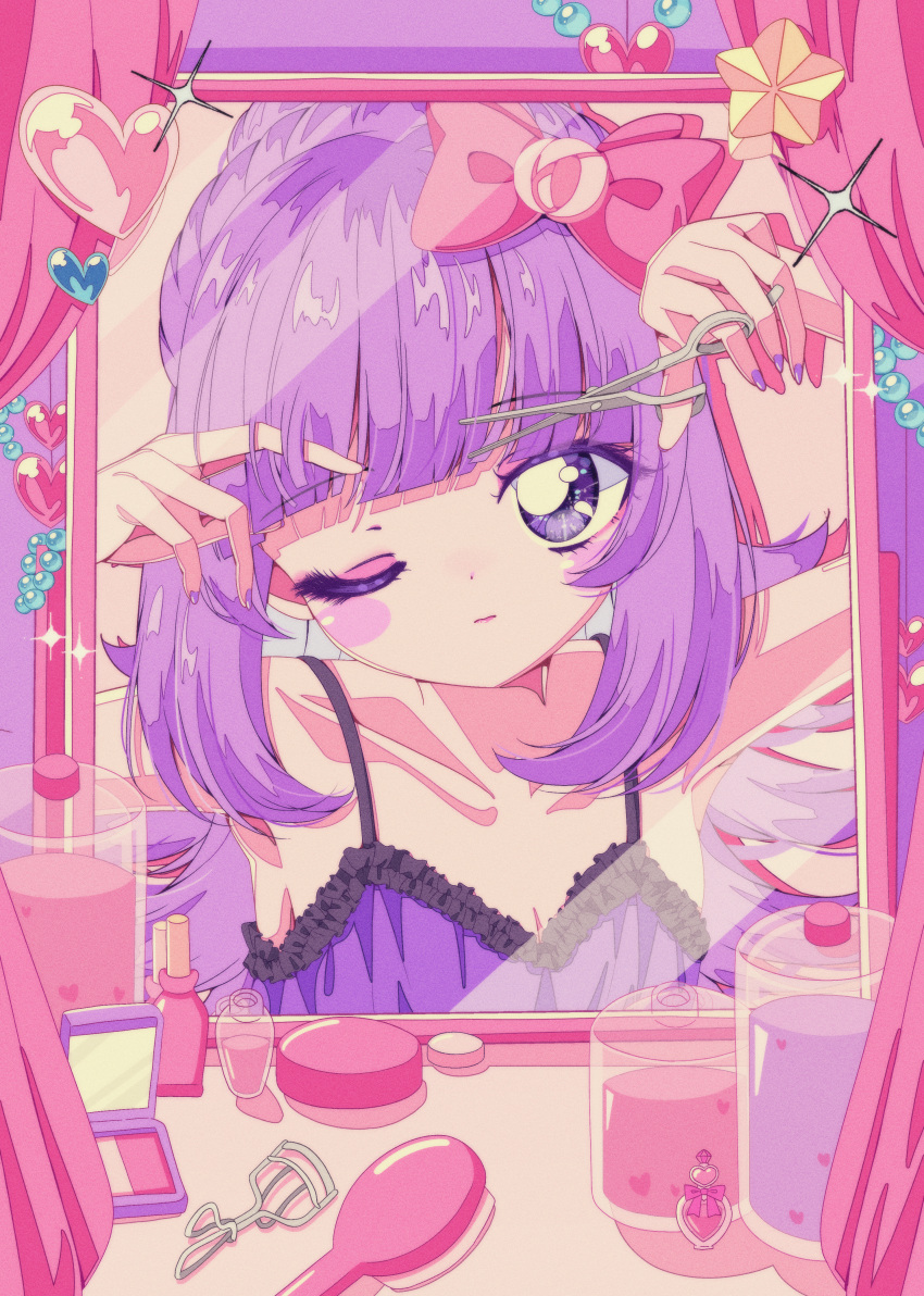 1girl absurdres babydoll bare_shoulders blunt_bangs bottle bow breasts cleavage closed_mouth commentary_request cosmetics curtains cutting_hair flat_chest hair_bow hair_brush hanazono_shuka hands_up heart highres holding holding_hair holding_scissors idol_time_pripara long_hair looking_at_viewer milon_cas mirror nail_polish nail_polish_bottle one_eye_closed perfume_bottle pink_bow ponytail pretty_series pripara purple_eyes purple_hair purple_nails retro_artstyle scissors solo sparkle star_(symbol) upper_body