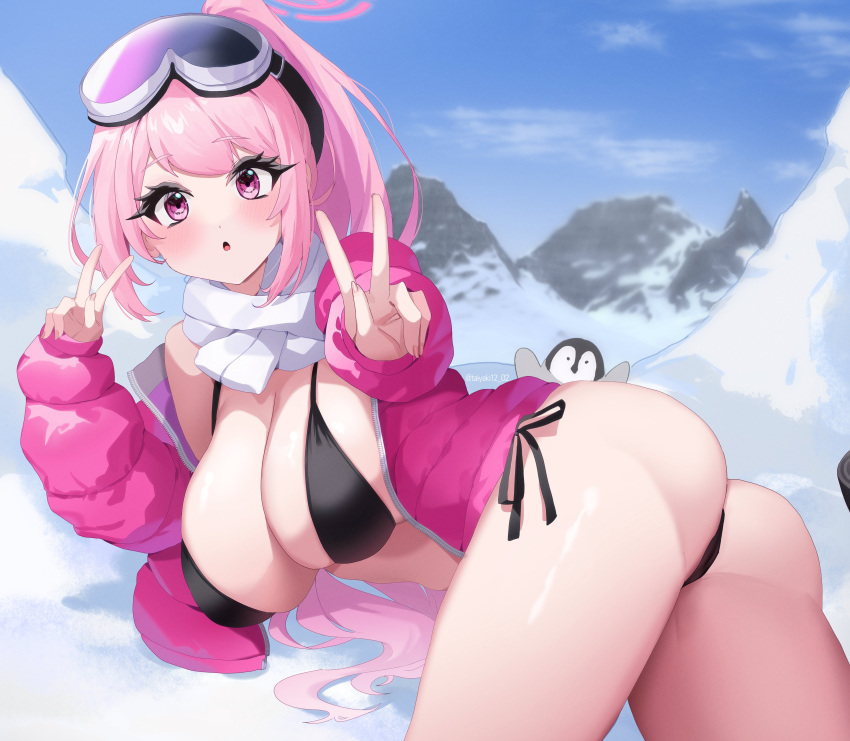 1girl absurdres ass bikini bird black_bikini blue_archive breasts cleavage double_v eimi_(blue_archive) eimi_(swimsuit)_(blue_archive) highres jacket large_breasts long_hair looking_at_viewer mountain official_alternate_costume open_mouth penguin pink_eyes pink_hair pink_jacket ponytail scarf side-tie_bikini_bottom snow snow_goggles swimsuit taiyaki12 v white_scarf