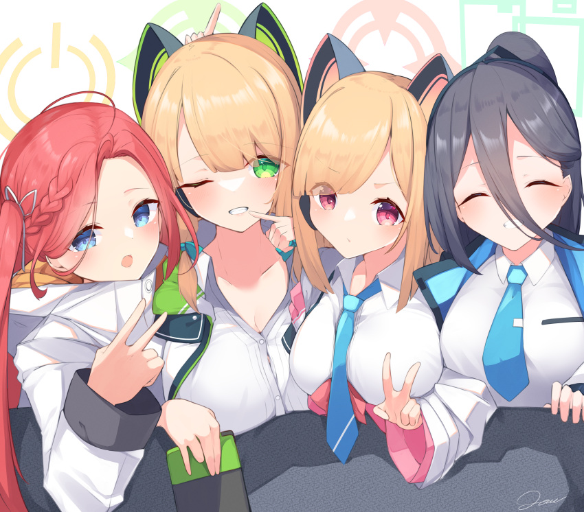 4girls ^_^ absurdres aged_up aris_(blue_archive) black_hair blonde_hair blue_archive blue_necktie breasts closed_eyes controller game_controller game_development_department_(blue_archive) halo highres holding holding_controller holding_game_controller jam_(jamjam777) large_breasts looking_at_viewer midori_(blue_archive) momoi_(blue_archive) multiple_girls necktie pink_hair school_uniform shirt siblings sisters twins upper_body v white_shirt yuzu_(blue_archive)