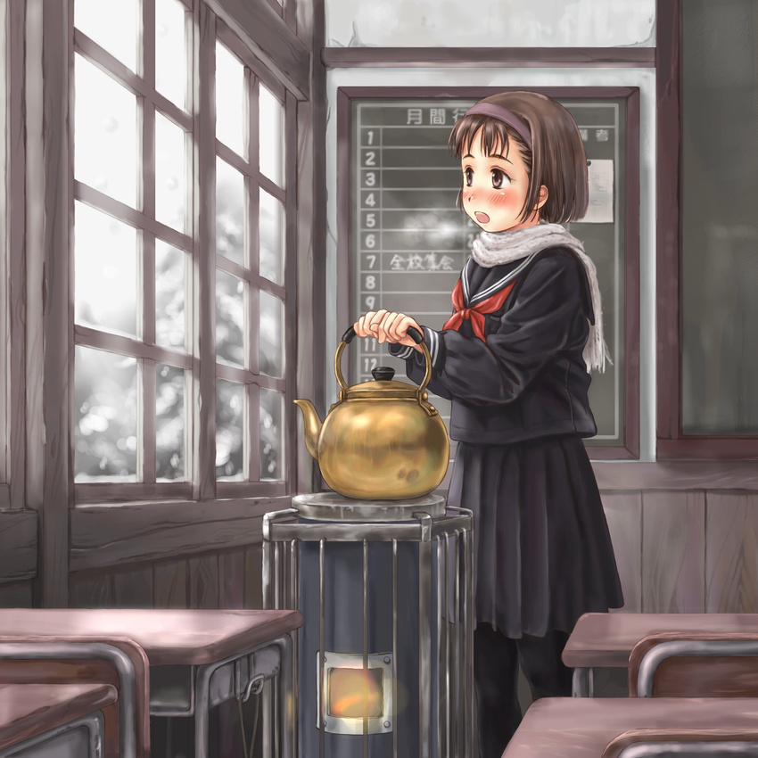 breath brown_hair chalkboard desk hairband highres kako-hime kettle pantyhose real_life real_life_insert saimon scarf school school_uniform snow solo stove window winter