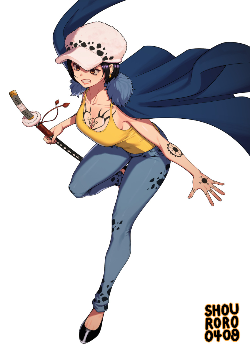 1girl arm_tattoo artist_name black_hair breast_tattoo breasts cape cleavage clenched_teeth collarbone denim english_commentary full_body fur_cape genderswap genderswap_(mtf) hand_tattoo hat highres holding holding_sheath holding_sword holding_weapon jeans large_breasts lips one_piece pants sheath shoes short_hair shouroro solo sword tank_top tattoo teeth trafalgar_law weapon white_background yellow_eyes yellow_tank_top