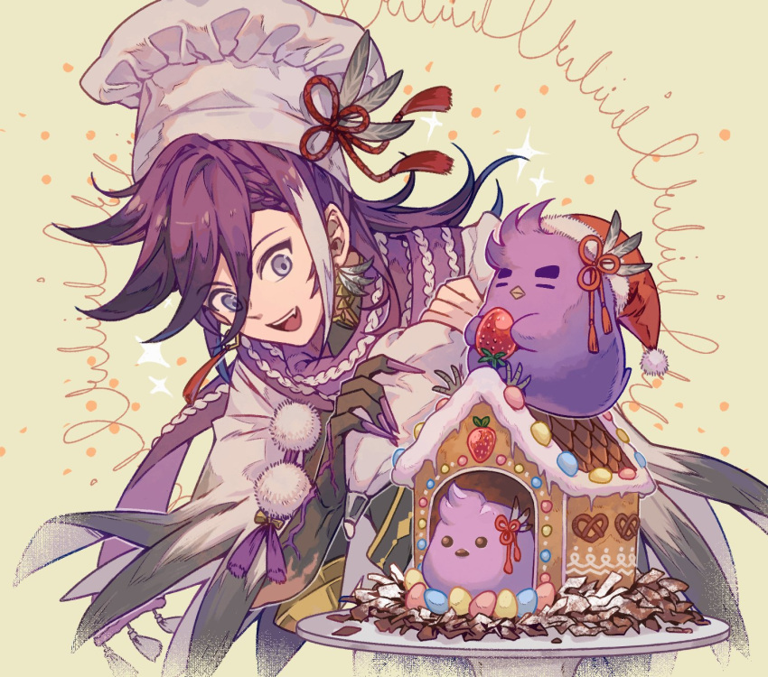 1boy banzoin_hakka bird bird_nest blue_eyes chef_hat christmas colored_skin english_commentary fang food fruit gingerbread_house hakkito_(banzoin_hakka) happy hat hat_feather highres holostars holostars_english konoha_kairi long_hair looking_at_another male_focus multicolored_hair open_mouth ponytail purple_hair purple_scarf santa_hat scarf simple_background solo strawberry streaked_hair upper_body white_hair yellow_background