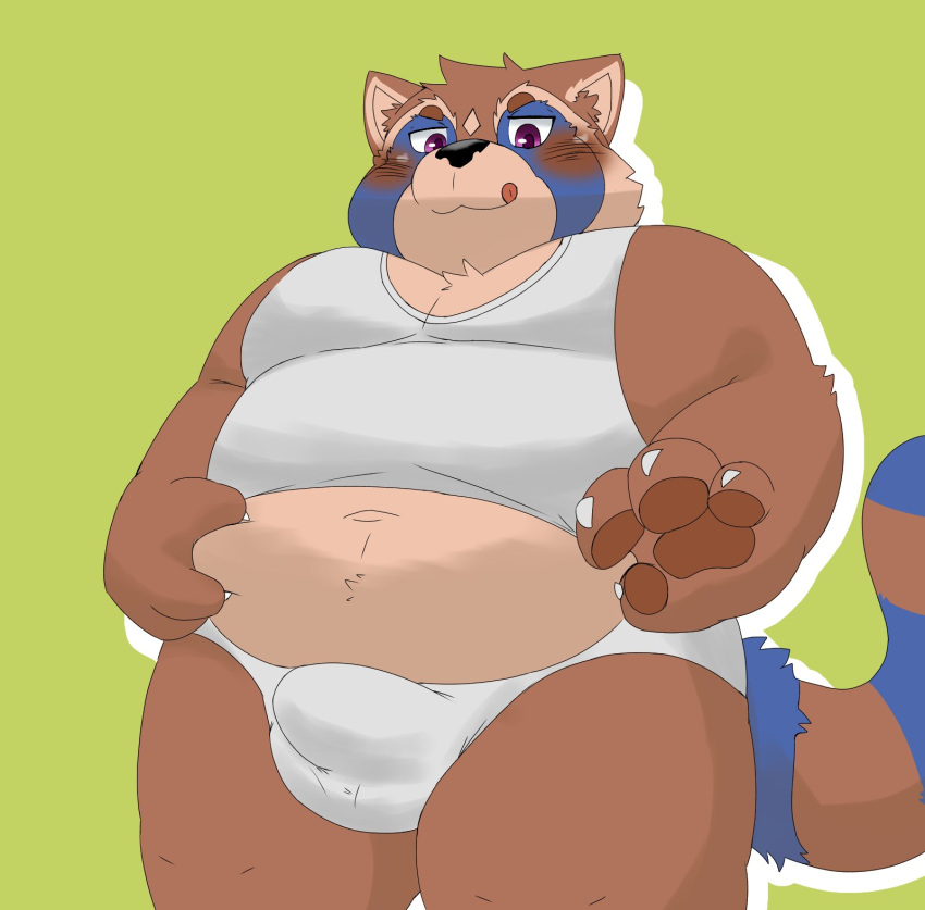 2023 anthro belly big_belly blush brown_body bulge canid canine clothing givemepudding3 green_background hi_res kemono male mammal overweight overweight_male raccoon_dog shirt simple_background solo tanuki topwear underwear