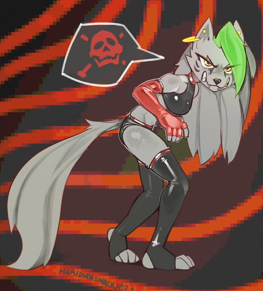 2023 abstract_background angry angry_eyes anthro armwear artist_name black_nose bottomwear breasts canid canine canis clenched_teeth clothing dated digital_media_(artwork) ear_piercing ear_ring eye_through_hair fangs feet female five_nights_at_freddy's five_nights_at_freddy's:_security_breach fur green_highlights grey_body grey_fur grey_hair hair highlights_(coloring) latex latex_armwear latex_clothing latex_legwear legwear long_hair long_tail mammal maridiansnack paws piercing ring_piercing roxanne_wolf_(fnaf) scottgames solo standing steel_wool_studios tail teeth topwear translucent translucent_hair wolf yellow_eyes