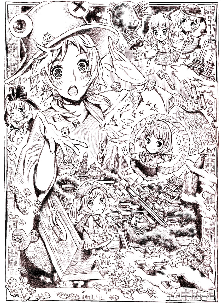 absurdres bad_id bad_pixiv_id brown dice flower greyscale highres kagiyama_hina kawashiro_nitori kochiya_sanae komeiji_koishi monochrome moriya_suwako multiple_girls nobita one_eye_closed touhou traditional_media two_side_up yasaka_kanako