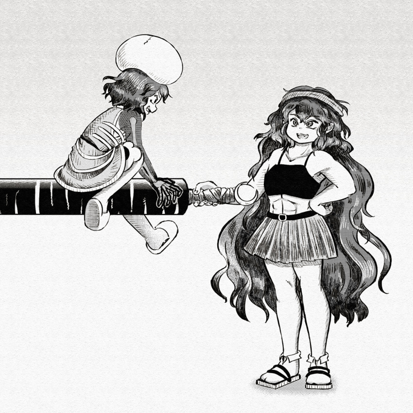 2others androgynous chikafumikou commentary fang greyscale hand_on_own_hip headband highres holding kitsugai_sese len'en long_hair miniskirt monochrome multiple_others muscular open_mouth other_focus pleated_skirt short_hair sitting skeletal_arm skirt slippers smile socks taira_no_fumikado very_long_hair