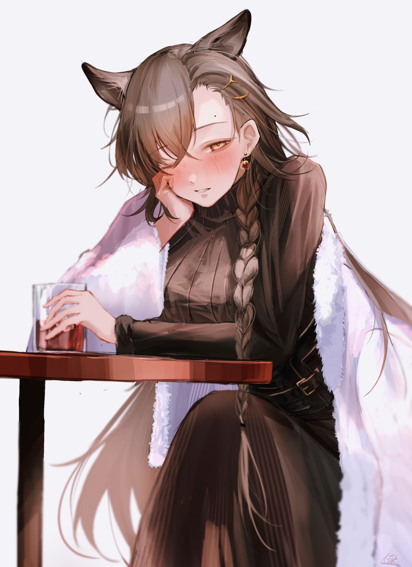 1girl absurdres alcohol animal_ears arknights arm_rest artist_name bell belt belt_buckle blurry blurry_background blush braid breasts brown_belt brown_corset brown_hair brown_skirt brown_sweater buckle colored_inner_hair commentary corset crossed_bangs crossed_legs cup depth_of_field donata_(donatasama) drink drinking_glass drunk earrings extra_ears eyelashes feet_out_of_frame from_side fur-trimmed_jacket fur-trimmed_sleeves fur-trimmed_sweater fur_trim glass grey_background grin hair_between_eyes hair_ornament hair_over_one_eye hair_tie hairclip half-closed_eye hand_on_own_cheek hand_on_own_face hand_up head_rest high_collar highres holding holding_cup holding_drink ice ice_cube jacket jewelry jingle_bell jingle_bell_earrings large_breasts leaning leaning_forward leaning_on_object light_brown_hair lips long_hair long_skirt long_sleeves looking_at_viewer low-tied_long_hair low_ponytail low_side_ponytail mature_female mole mole_above_eye multicolored_hair official_alternate_costume one_eye_closed open_clothes open_jacket parted_bangs parted_lips penance_(arknights) penance_(occasionally_flushed)_(arknights) ponytail red_wine ribbed_sweater round_table shadow side_ponytail signature simple_background single_braid single_earring single_off_shoulder sitting skirt smile solo straight_hair striped sweater symbol-only_commentary table teeth turtleneck turtleneck_sweater two-tone_hair underbust vertical-striped_sweater vertical_stripes very_long_hair white_jacket wine wolf_ears wolf_girl yellow_eyes