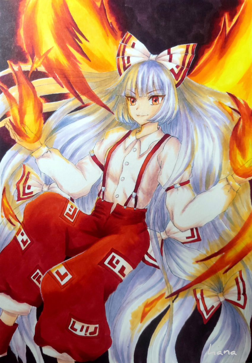 1girl absurdres baggy_pants bow collared_shirt fire fujiwara_no_mokou hair_bow hana_(user_asmz2845) highres long_hair long_sleeves marker_(medium) ofuda ofuda_on_clothes pants red_eyes red_pants shirt sleeve_garter solo suspenders touhou traditional_media white_bow white_hair white_shirt