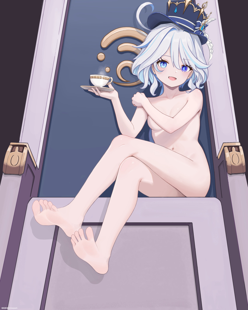 1girl absurdres ahoge blue_eyes blue_hair blue_headwear breasts covering_breasts covering_privates crossed_legs cup drop-shaped_pupils feet furina_(genshin_impact) genshin_impact hair_between_eyes hat heterochromia highres holding holding_saucer legs light_blue_hair looking_at_viewer medium_hair miaopa2s mismatched_pupils multicolored_hair navel nude open_mouth saucer sidelocks sitting small_breasts smile solo steam stomach streaked_hair teacup thighs toes top_hat two-tone_hair