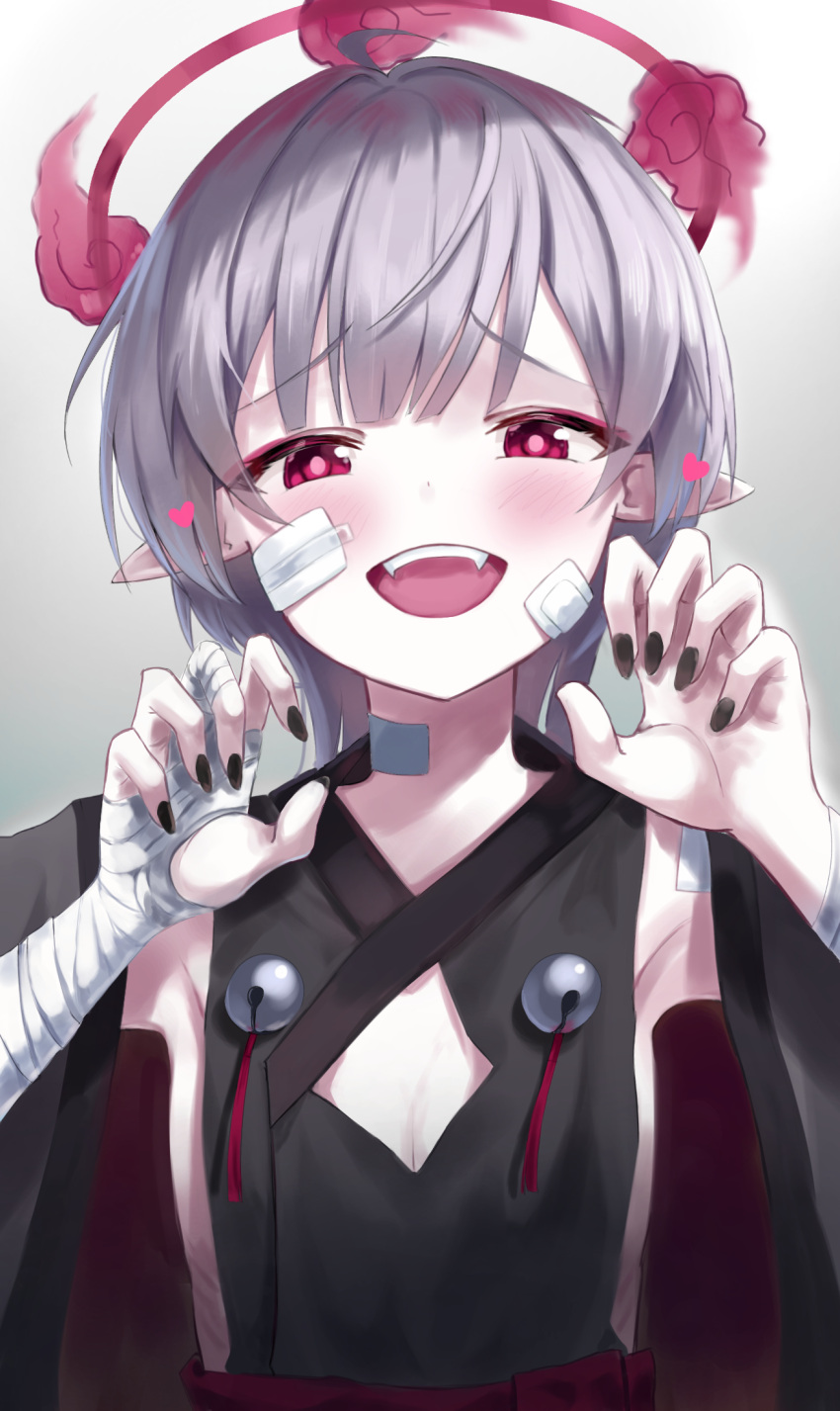 1girl :d bandaged_arm bandages black_nails blue_archive cleavage_cutout clothing_cutout fangs fingernails flat_chest gauze gauze_on_cheek gradient_background grey_background grey_hair halo heart highres kimae long_hair looking_at_viewer nail_polish open_mouth pointy_ears red_eyes red_halo shuro_(blue_archive) smile solo teeth upper_body upper_teeth_only
