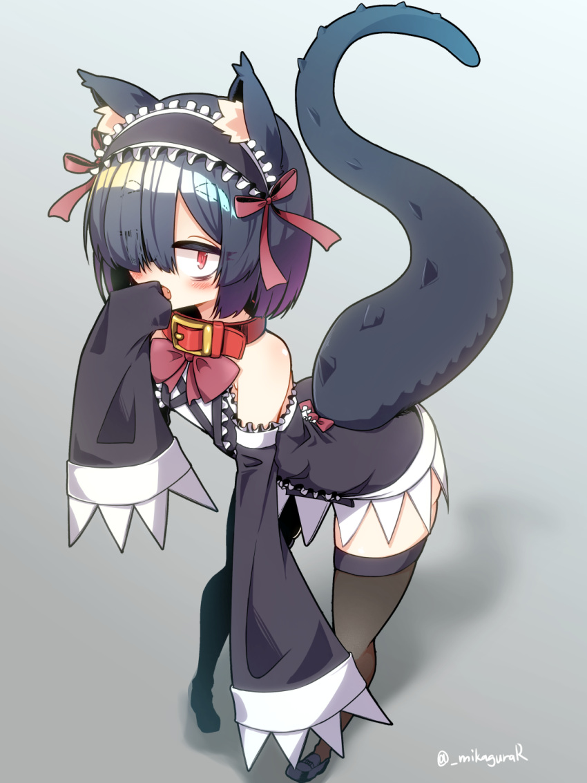 1girl :o animal_collar animal_ear_fluff animal_ears artist_name black_dress black_hair blue_background bow bowtie cat_ears collar detached_sleeves dress fang full_body gradient_background gradient_hair grey_background hair_over_one_eye hand_up highres leaning_forward lizard_tail looking_at_viewer maid maid_headdress mikagura multicolored_hair open_mouth original pigeon-toed purple_hair red_collar red_eyes short_hair simple_background sleeveless sleeves_past_fingers sleeves_past_wrists solo standing tail thighhighs twitter_username very_long_sleeves