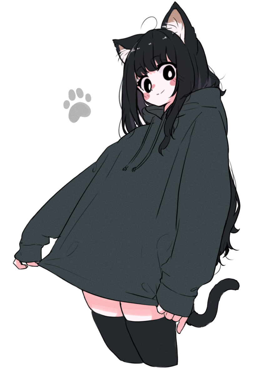 1girl ahoge animal_ears black_eyes black_hair black_hoodie black_shorts blush bright_pupils cat_ears cat_girl cat_tail clothes_pull commentary_request eyelashes happy highres hood hoodie leaning_back long_hair looking_at_viewer medium_bangs megateru messy_hair original oversized_clothes paw_print shorts simple_background skindentation sleeves_past_wrists smile solo tail tareme thighhighs very_long_hair white_background white_pupils
