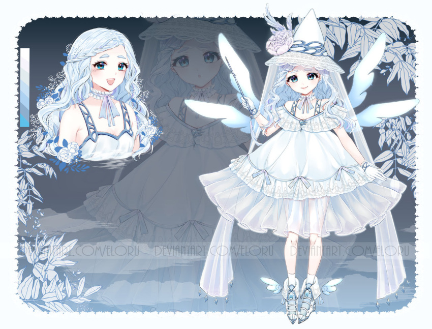 1girl :o adoptable angel_wings bad_source bare_shoulders black_background blue_background blue_bow blue_eyes blue_footwear blue_hair blue_wings boots border bow braid breasts cleavage closed_mouth color_guide commentary dress dress_bow eloru english_commentary eyelashes flower frilled_dress frills full_body gloves gradient_background hat hat_flower holding holding_wand lace-trimmed_headwear lace_trim leaf long_hair looking_at_viewer medium_dress multiple_views multiple_wings no_headwear open_mouth original parted_lips projected_inset purple_flower purple_rose reference_sheet rose see-through short_sleeves single_braid smile socks teeth upper_body upper_teeth_only wand wavy_hair white_border white_dress white_flower white_gloves white_headwear white_rose white_sleeves white_socks winged_footwear wings witch_hat