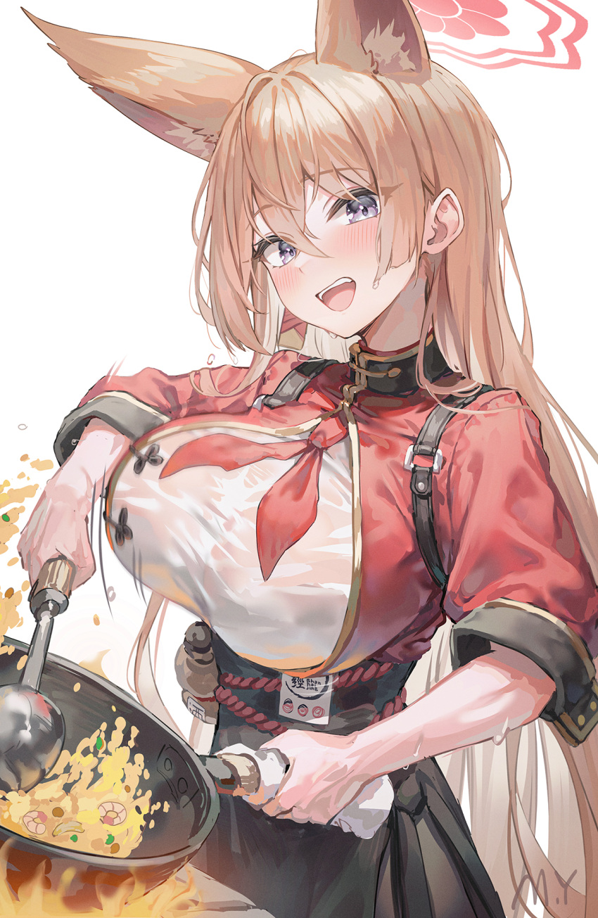 1girl :d animal_ears artist_name black_skirt blue_archive blue_eyes blush breasts brown_hair cooking food hair_between_eyes halo highres holding_stove large_breasts long_hair looking_at_viewer myung_yi neckerchief open_mouth paella purple_eyes red_halo red_neckerchief rumi_(blue_archive) skirt smile solo stove sweat