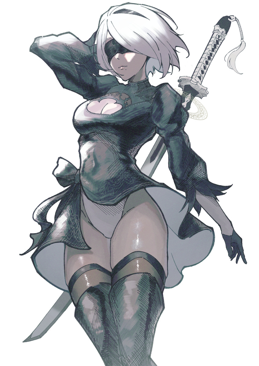 1girl 2b_(nier:automata) absurdres black_blindfold black_dress black_hairband black_thighhighs blindfold boots breasts cleavage_cutout clothing_cutout dress feather-trimmed_sleeves hairband highres juliet_sleeves kamitsune28rita katana leather leather_boots long_sleeves medium_breasts nier:automata nier_(series) puffy_sleeves revision short_hair simple_background solo sword thigh_boots thighhighs thighs underwear weapon white_background white_hair wind wind_lift