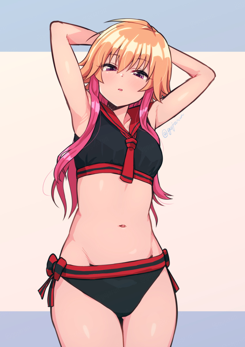 1girl armpits arms_behind_head bikini black_bikini blue_background commentary_request gojarun highres idolmaster idolmaster_cinderella_girls long_hair looking_at_viewer midriff multicolored_hair navel ninomiya_asuka orange_hair pink_background purple_eyes red_hair solo standing swimsuit thighs twitter_username two-tone_background two-tone_hair