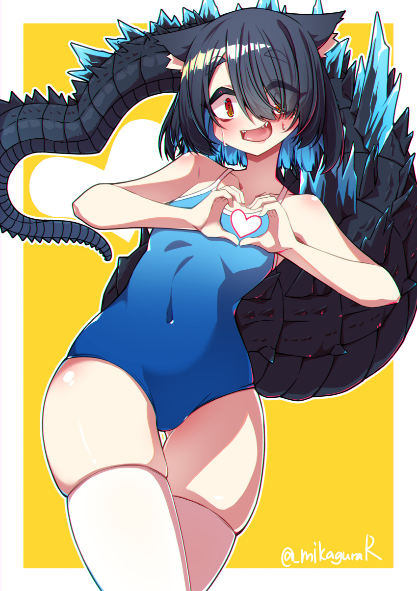 1girl @_@ absurdres animal_ear_fluff animal_ears artist_name black_hair blue_hair blue_one-piece_swimsuit cat_ears colored_inner_hair cowboy_shot hair_over_one_eye hands_up heart heart_hands heart_tail highres lizard_tail mikagura multicolored_hair one-piece_swimsuit open_mouth orange_eyes original sharp_teeth short_hair simple_background solo spines standing swimsuit tail teeth thigh_gap twitter_username yellow_background