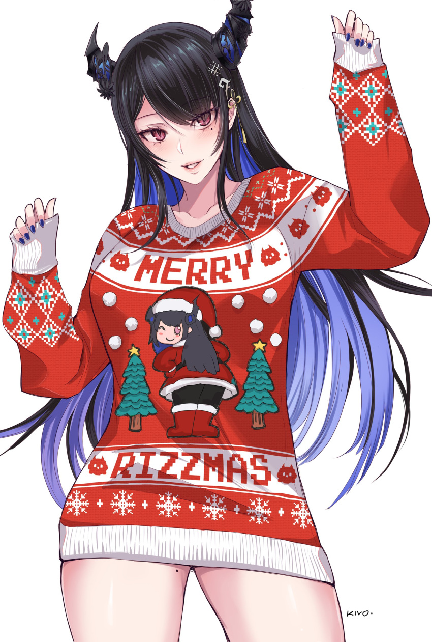 1girl absurdres asymmetrical_horns black_hair blue_hair christmas christmas_tree colored_inner_hair demon_horns hair_ornament highres hololive hololive_english horns kivo long_hair looking_at_viewer mole mole_under_eye multicolored_hair nerissa_ravencroft red_eyes santa_costume smile sweater two-tone_hair uneven_horns virtual_youtuber white_background