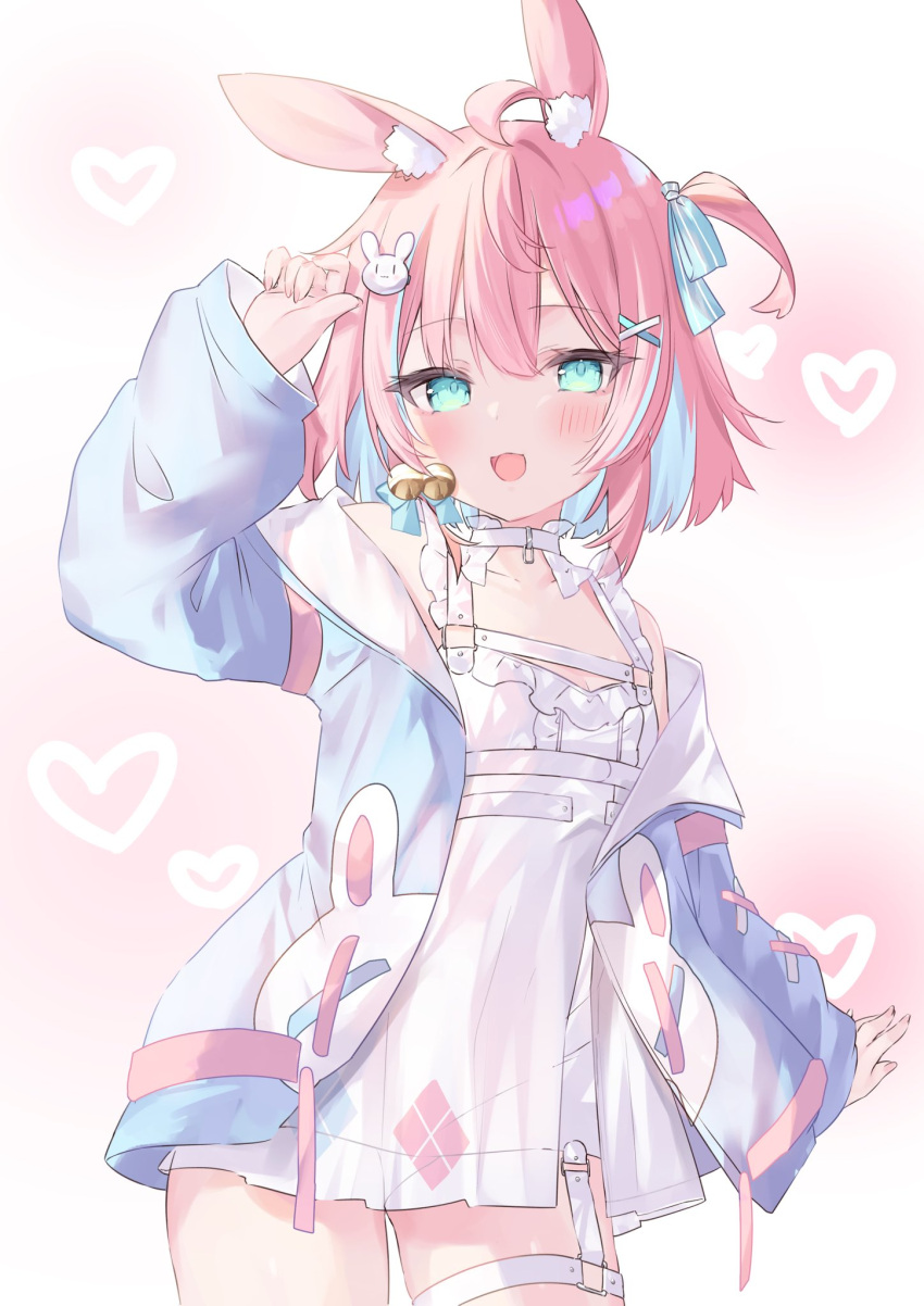 1girl ahoge animal_ear_fluff animal_ears aqua_eyes bell blue_hair blue_jacket commission dress hair_bell hair_ornament hakua_aa heart highres indie_virtual_youtuber jacket multicolored_hair nana_(vtuber) open_clothes open_jacket pink_hair rabbit_ears rabbit_hair_ornament short_hair skeb_commission smile solo streaked_hair thigh_strap white_dress x_hair_ornament