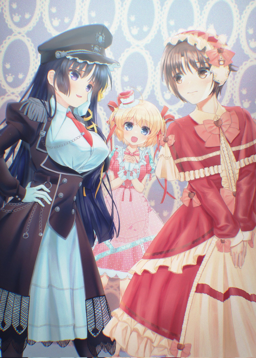 1boy 2girls 3: :d ahoge alternate_costume black_dress black_hair black_headwear blue_eyes blunt_ends blush bow breasts brown_eyes brown_hair capelet closed_mouth collared_shirt commentary dress eye_contact feet_out_of_frame formal frilled_capelet frilled_dress frilled_headwear frills frown hair_between_eyes hair_bow hair_ornament hair_ribbon hairband hand_on_own_hip happy hat head_tilt heart heart_print highres interlocked_fingers juliet_sleeves kamikita_komari kurugaya_yuiko large_breasts little_busters! long_dress long_hair long_sleeves looking_at_another looking_at_viewer military_hat military_uniform mini_hat mini_top_hat multiple_girls naoe_riki natsuoto_rito necktie open_mouth otoko_no_ko own_hands_together peaked_cap pink_bow pink_dress polka_dot polka_dot_dress puffy_short_sleeves puffy_sleeves purple_eyes red_capelet red_dress red_hairband red_headwear red_necktie red_ribbon ribbon shirt short_hair short_sleeves shy sleeves_past_wrists smile standing star_(symbol) star_hair_ornament straight_hair top_hat two_side_up uniform very_long_hair white_shirt yellow_ribbon