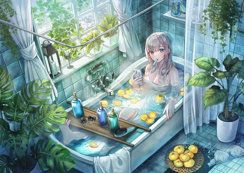 1girl bare_shoulders barefoot bath bath_stool bathing bathroom bathtub blue_eyes bra breasts cleavage comb commentary completely_nude english_commentary food food_in_mouth fruit grey_hair highres indoors large_breasts leaf lemon lemon_slice long_hair looking_at_viewer nude original parted_bangs plant popsicle_in_mouth potted_plant sakura_(39ra) see-through shampoo_bottle solo stool tile_floor tile_wall tiles underwear unworn_bra water white_bra white_towel window