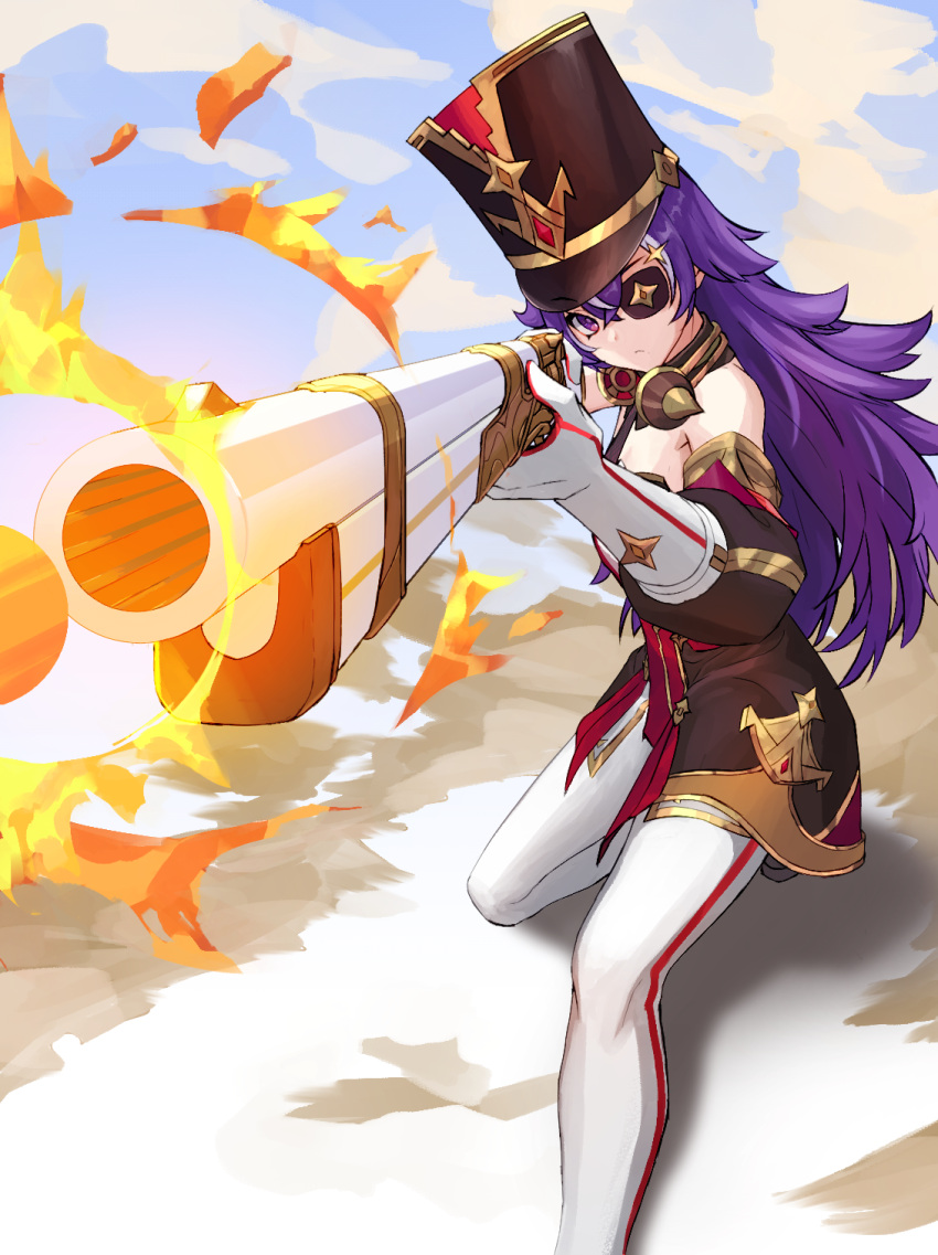 1girl aki_shiki bare_shoulders black_headwear boots chevreuse_(genshin_impact) commentary_request detached_sleeves eyepatch firing genshin_impact gloves gun highres holding holding_gun holding_weapon kneeling long_hair purple_eyes purple_hair solo thigh_boots weapon white_footwear white_gloves