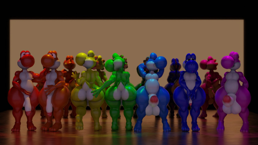 3d_(artwork) anthro balls big_balls big_butt big_penis blender_(software) butt digital_media_(artwork) dinosaur erection eyes_closed genitals green_yoshi group hi_res holding_butt huge_balls huge_butt huge_penis keithkrimson male male/male mario_bros nintendo nude orange_yoshi penis purple_yoshi red_yoshi reptile scalie shy small_balls small_penis video_games widescreen yellow_yoshi yoshi