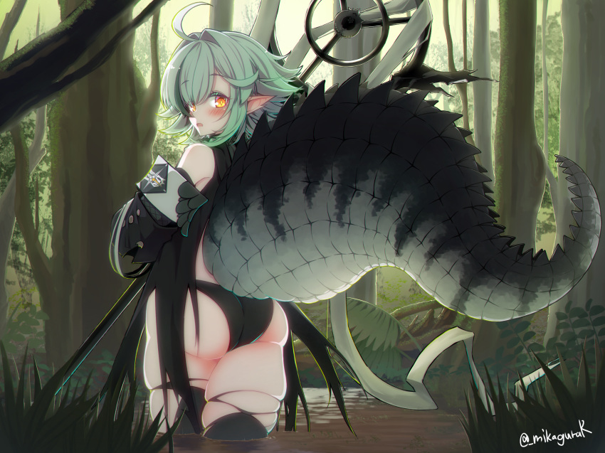 1girl ahoge arknights ass blush cowboy_shot crocodilian_tail detached_sleeves forest green_background grey_hair highres holding holding_staff hood hood_down large_tail long_sleeves looking_at_viewer looking_back mikagura nature open_mouth outdoors pointy_ears reptile_girl short_hair solo staff standing star-shaped_pupils star_(symbol) symbol-shaped_pupils tail thighhighs tomimi_(arknights) torn_clothes torn_thighhighs wading water wetland yellow_eyes