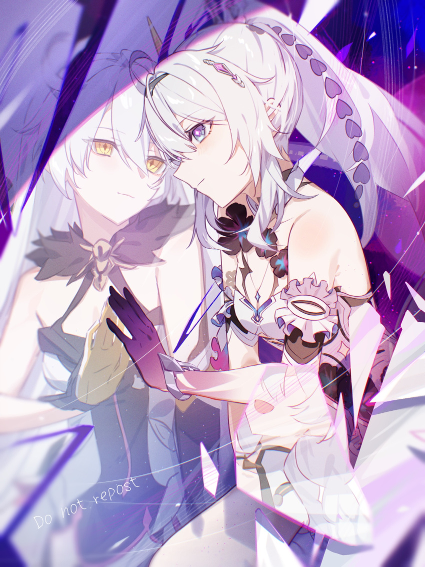 2girls ahoge bare_shoulders dual_persona fur_trim happy_birthday high_ponytail highres honkai_(series) honkai_impact_3rd jewelry karamaru626 kiana_kaslana kiana_kaslana_(herrscher_of_finality) kiana_kaslana_(herrscher_of_the_void) long_hair looking_at_another multiple_girls necklace white_hair yellow_eyes