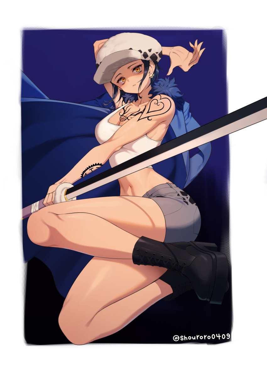 1girl arm_tattoo artist_name black_footwear black_hair boots breast_tattoo breasts cape commentary denim denim_shorts full_body fur_cape genderswap genderswap_(mtf) hand_tattoo hat highres holding holding_sword holding_weapon jewelry katana large_breasts lips looking_at_viewer navel one_piece short_hair shorts shoulder_tattoo shouroro solo sword tank_top tattoo thighs trafalgar_law weapon white_tank_top yellow_eyes
