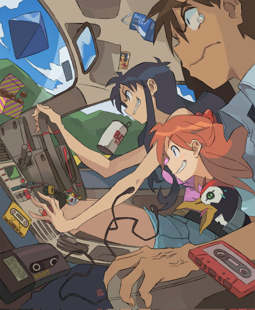 2girls andrewcockroach bird box car_interior cloud cloudy_sky driving eva_00 green_eyes highres id_card ikari_shinji katsuragi_misato keychain multiple_girls neon_genesis_evangelion open_mouth orange_hair penguin penpen ramiel_(evangelion) sky teeth